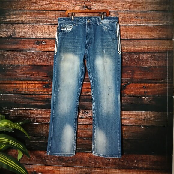 GS115 Jeans Mens 38X33 Blake Slim Distressed Y2K Bleach Spots Embroidered Blue - Picture 3 of 12